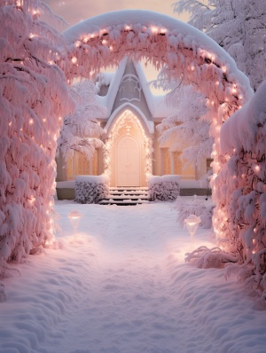 美丽而浪漫的雪景照片，美丽而浪漫的雪景照片，精致美丽的雪花凝聚成月牙形，带着月亮光环，雪花路上有一个带灯的童话般的雪屋，灯光下，许多心形的水晶石在雪地上闪耀，浅粉色的玫瑰，非常清晰美丽，超现实主义，玫瑰金配色，柔和清晰的边缘，灯光效果，超美，超高清，超细节，史诗般的CG渲染，梦幻般的美丽，8K高清童话世界