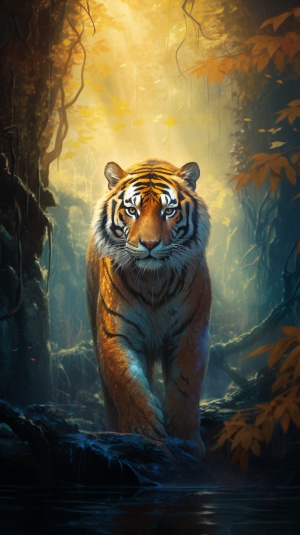 威严的金色老虎在森林中