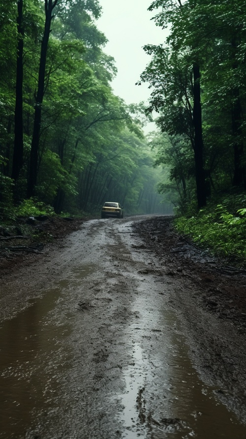 下大雨 道路泥泞 山林背景 广角镜头