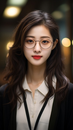 a Chinese girl , head portrait ,45- degree angle profile smile , Slender nose , slightly curly and just reaching her shoulders , brown black color hair , big eyes with glasses , sweet smile real person , photography , Ultra details , detailed face , perfect face fashion model face , Asian beautiful girl , real human face - v 5