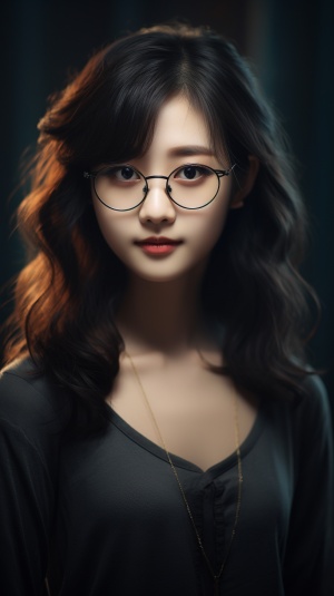 a Chinese girl , head portrait ,45- degree angle profile smile , Slender nose , slightly curly and just reaching her shoulders , brown black color hair , big eyes with glasses , sweet smile real person , photography , Ultra details , detailed face , perfect face fashion model face , Asian beautiful girl , real human face - v 5