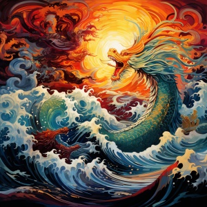 A Chinese dragon and a phoenix in the waves, angular, dragon and phoenix are integrated with the wave canvas, using a psychedelic Iandscape and a realistic style psychedelic images, tumbling waves, colorful turbulence, fascinating fields, highly imaginative scenes, perfect detail, style is Callas Ace, color futurism, Ude images, Pattern Explosion, Splash Effect, Francesco Starovitsky, Fluid, Panoramic View, Shading, Backlight and Motion Lines, Textured Skin, HD Detail, Ultra Detail, Ultra High Definition, 1