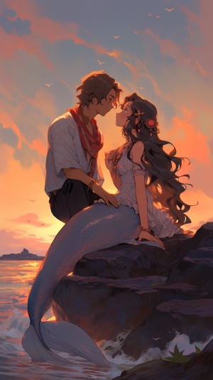 在夕阳下的海边，亲吻，20岁少年和人鱼
