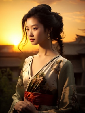 夕阳下的中国美女：华丽的汉服与古建筑的仙境