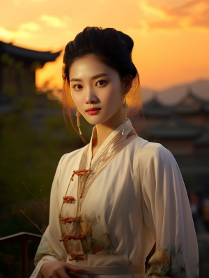 夕阳下的中国美女：华丽的汉服与古建筑的仙境