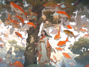 鲲，在天上游，成千上万的鱼跟在后面，旁边有梧桐树，是古代神话，还有一个十五六岁的少女