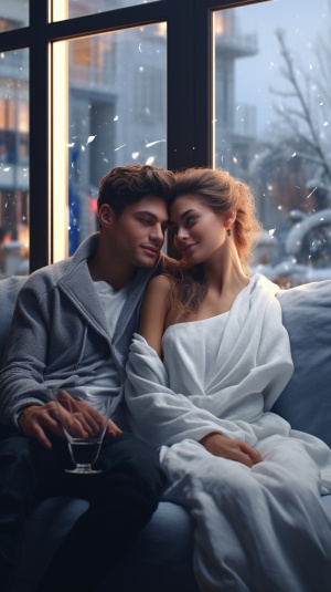 一对情侣，慵懒地在沙发上坐着一起看电视，相互依偎怀中，窗外飘着雪，氛围感浪漫，高级感拉满，精致CG脸部，增强脸部，五官清晰，8K，超高清画质。