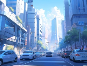 现代二次元动漫大街：车流与蓝白建筑