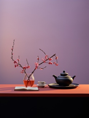 紫色桌子上阳光明媚的秋天早晨的红色茶壶。，东方极简主义风格，浅紫色和深色青铜，书籍艺术装置，樱花，19世纪风格，浅紫色和深色琥珀色，商代