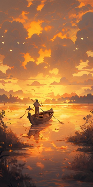 河边，希望，芦苇丛，金黄色，晚霞，火烧云，波光粼粼，划船的人