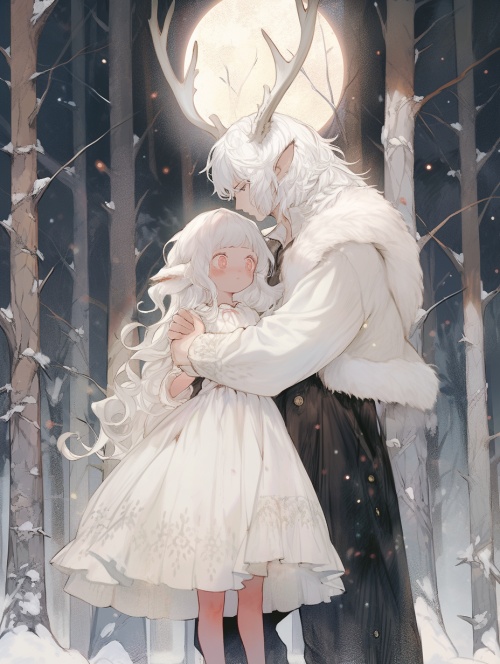 小女孩和一个小男孩，白色头发，头上一对鹿角，一起手捧月球，白色吊带裙，白色衬衫，流泪的眼睛，温柔的眼睛，站在大雪森林里，还有一只白色的狼在她身旁