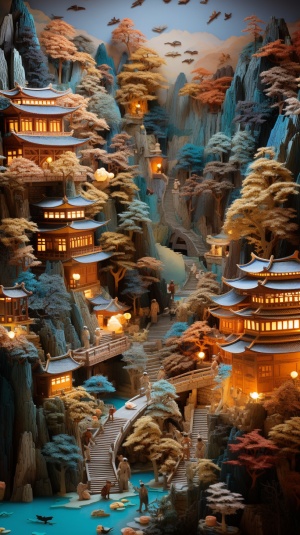 中国papercraft村的超现实细节和五彩纷呈的风景