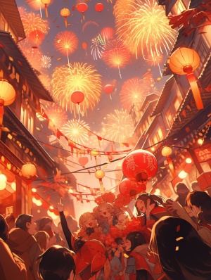 中国传统新年庆典-烟花、灯笼、美食、欢笑、舞狮