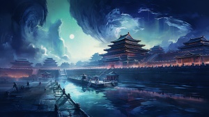 中国古风建筑的紫绿蓝灯火梦幻感悼亡