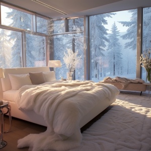 温暖宁静：白雪落在床上的画卷