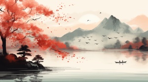 秋天湖水碧绿，远山在阳光照耀下灿灿辉黄，山上树叶红了。画一幅中国风水墨画。