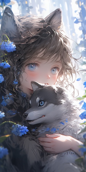 蓝色短发小女孩与猫咪在花丛中的可爱画作