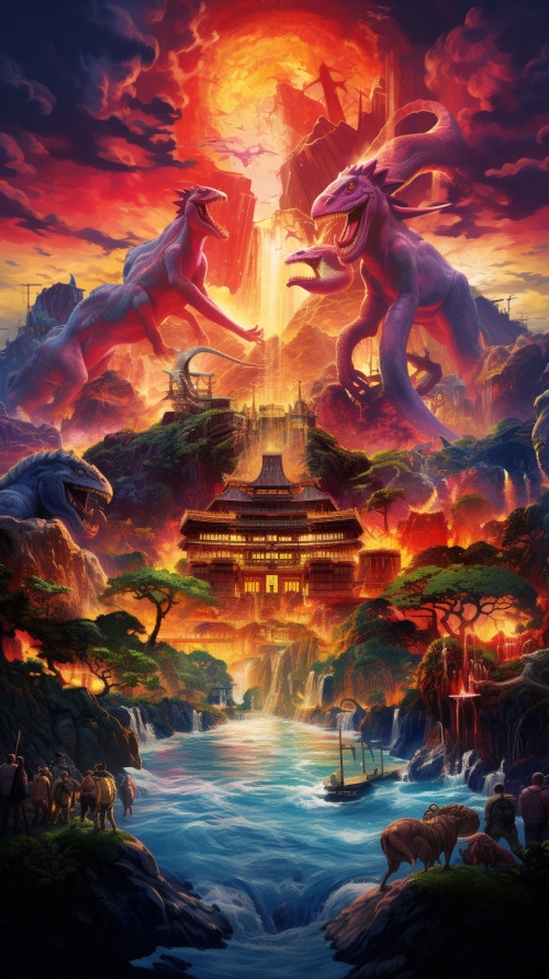 lord of the rings style farm town, on top of a waterfall, blue dinosaur smoking a pipe, high tech details, chinese fireworks cinematic still, cartoonish style, red hued sunset, asian countryside, chinese letters and numbers floating in the sky, river full of crocodiles and dinosaurs, detailed facial features, up front shot