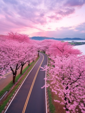 粉色樱花树下的迷人景色