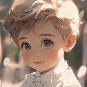 A cute and handsome little boy with fair skin and big black eyes. His eyes look straight in front of him, wearing a white shirt and black dress, wearing a bow tie, shining around him, sweet. Beautiful and romantic. Happiness is hazy, dreamy, and cinematic.
