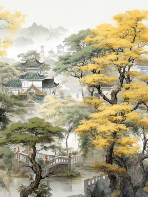 a traditional chinese painting showing trees and some houses, in the style of lively street scenes, light gray and yellow, [edward poynter], wallpaper, imposing monumentality, [li wei], yellow and gray ar 40:53