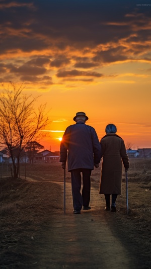 夕阳下的老爷爷和老奶奶