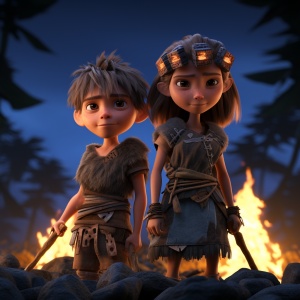3D, tribal savage, primitive, a handsome boy and petty a girl holding tools from the Stone Age, full body, in a movie anime style, crazy and primitive, Pixar style, 8k, rich details, OC rendering, pure black background 笔记