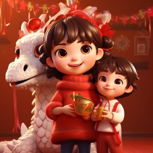 A cute humanized red Chinese dragon and a little Chinese girl, Pixar style, both wearing human white sweaters with a big red woolen scarf tied around their necks, doing the same congratulatory motion, big red background, very festive, Chinese elements, welcoming the New Year 32k uhd no flowers chaos 50 ar 3:4 stylize 250 iw 2 v 6.0