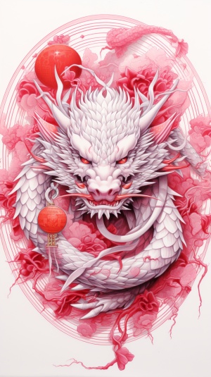 Red Dragon Painting in Circle with White Designs
