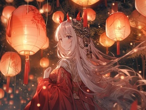 girl with long hair dressed in a long dress holds lanterns, in the style of nightcore, delicate flowers, gongbi, subtle use of shading, colorful animations, light red, elegant, emotive faces