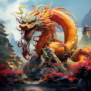 giant Chinese dragon, majestic, mesmerizing, awe-inspiring, intricate scales, shimmering in the sunlight, powerful presence, graceful movements, mythical creature, celestial aura, infinite wisdom, vibrant colors, mystical atmosphere, ethereal beauty, epic landscape, cascading waterfalls, misty gorges, towering mountains, verdant forests, ancient temples, divine architecture, divine glow, celestial beings, celestial music, celestial light beams, tranquil rivers, reflection of stars, divine energy, celestial 