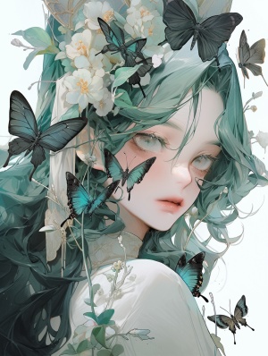 Hyper-realistic Anime Girl with Green Hair and Butterfly Accessories