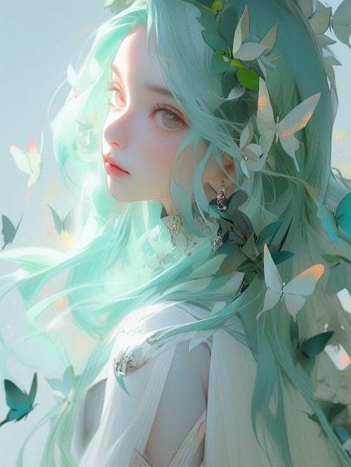 an anime girl with green hair wearing butterflies and flowers, in the style of hyper-realistic details, light turquoise and light gold, dark turquoise and light white, gongbi, exaggerated facial features, ethereal figures, dark white and dark azure