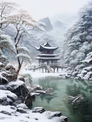 中国水墨画，冬天的森林，远处有大山，雾凇美景，大雪飘落，古亭在美景下显得格外宁静，小湖结冰