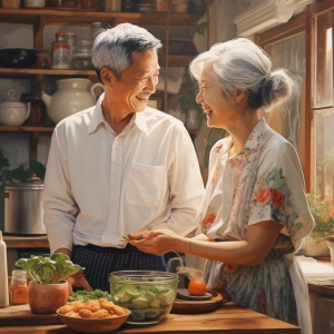 中国夫妻，白发苍苍，穿戴朴素，厨房一起做饭，目光对视，开心聊天，画面温馨，油画风格，清晰干净