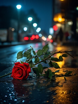 城市的夜晚，下雨，马路被雨水打湿，路灯，马路上躺着十几只玫瑰花，粗壮的枝干和绿叶，花朵上有雨珠，一对情侣背对背各奔西东，分手孤独伤感的情绪氛围感，广角拍摄，专业摄影，24K，佳能镜头