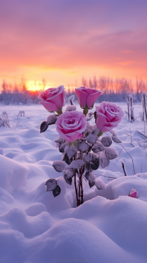 淡紫色玫瑰做成的爱心，在雪地里非常漂亮，旁边有个乡村小房子，浪漫的雪景，日落，昏黄的阳光，宁静，秀丽，清新鲜的颜色，梦幻，超高清，治愈，高级，细致，高质量，高定义，真实拍摄，超真实