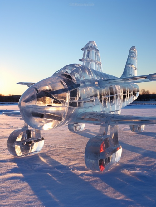 流线型冰雕战斗机歼20，机身透明晶莹如冰，散发出寒冷的光芒