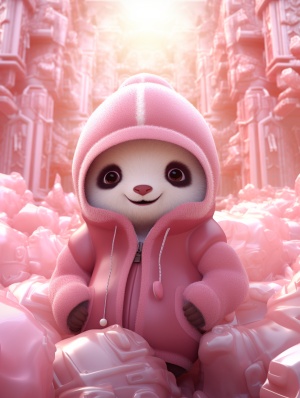 幼小熊猫穿粉色羽绒服戴粉色毛线帽的开心冰块世界