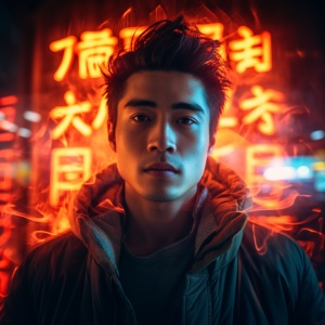 chinese young man face is lit up in neon light with words, in the style of mr 不赖屎, xiao bao, romantic scenes, orange and red ,gongxifacai, selective focus, uhd image