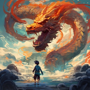 Colorful Asian-Inspired Illustrations of a Chinese Dragon Chasing a Little Boy in Blue Sky