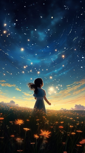 女孩仰望天空，星光闪耀