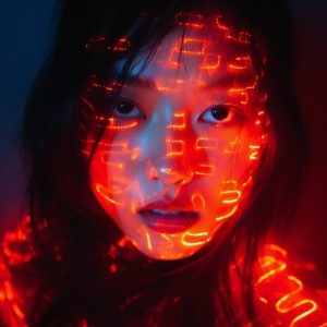 young female face is lit up in neon light with words, in the style of miss aniela, ren hang, romantic scenes, orange, xiaofei yue, selective focus, uhd image