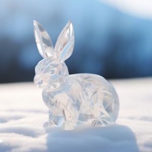 白色冰雕兔子，在冬日寒风中熠熠生辉。精致的兔子造型，优雅挺立，耳朵修长，脚底雪莲花纹清晰可见。闪着晶莹光彩的眼睛仿佛要动起来，精细的纹路刻画着毛发的细腻质感。冰做的兔子完美呈现出那种冰冷而又饱含生命力的美感，让人不禁为其华美的造型所倾倒。