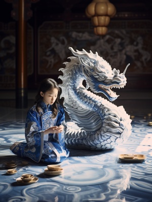 Chinese Little Girl in Hanfu with Blue and White Porcelain Dragon