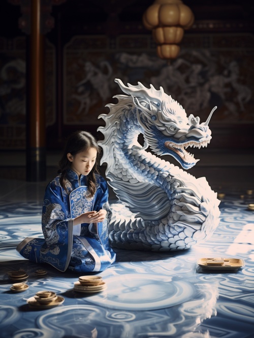 Drone view, In front of the Blue and white porcelain dragon stands a Chinese little girl, Tin foil gold, wearing a gorgeous Hanfu, Tin foil gold, Blue and white porcelain dragon, grand scene, minimalism, Chinese dragon, C4D rendering, Surrealism, meticulous design, asymmetrical balance, master works, movie lighting, Ultra HD, fine details, color grading, 32K HD ar 3:4 niji 5