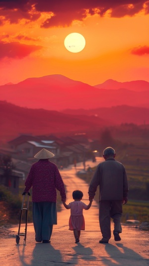 中国老年夫妻牵手带孩子，夕阳下的温暖画面