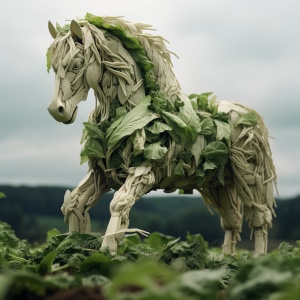 田地里很多白菜做的马，马的身体用白菜雕刻，十分逼真，和参考图很像，超现实主义，高清，景深，摄影，4K，尼康镜头
