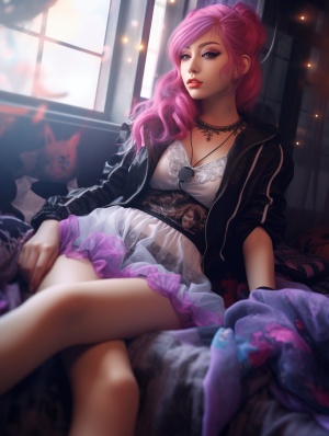 canon eos 5 d photo of gorgeous woman laying in bedroom, purple multi-pink hair, lace bottoms of captivating outfit. soft and beautiful thighs, transparency on materials, 8k, artgerm, high detail, ultra realistic 8k octane photo, anime, highres niji 5 ar 9:16
