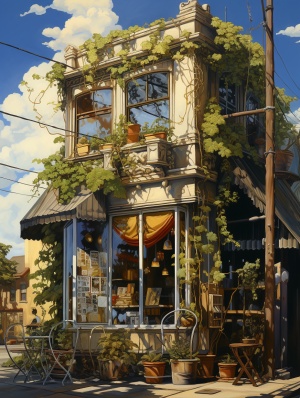 masterpiece,ultra-detailed,best quslity,finely detail,highers,8k wallpaper,wide angel lens,bright,Coffee house,early morning,show window,Awning,potted plant,vines on the wall,sign,daytime,white clouds,electric pole,wire,bianping